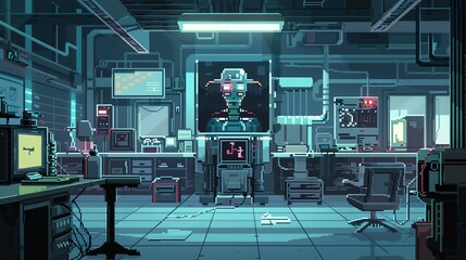 Imagine a claustrophobic scenario of technological horror, showcasing pixel art interpretations of advanced AI gone wrong in a mysterious lab setting Utilize unexpected camera angles to intensify the