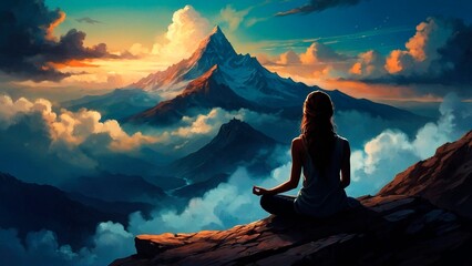 Silhouette of a beautiful meditating woman person sitting on the top of a mountain in lotus pose surrounded by surreal clouds and mountains view. Colorful spiritual conciousness illustration concept. - obrazy, fototapety, plakaty