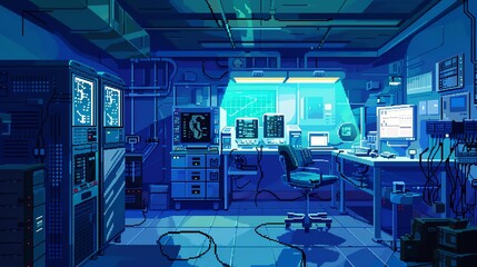 Imagine a claustrophobic scenario of technological horror, showcasing pixel art interpretations of advanced AI gone wrong in a mysterious lab setting Utilize unexpected camera angles to intensify the - obrazy, fototapety, plakaty