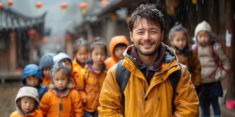 Man Teaching Outdoor Life Lesson to Group of Chinese Kids - obrazy, fototapety, plakaty