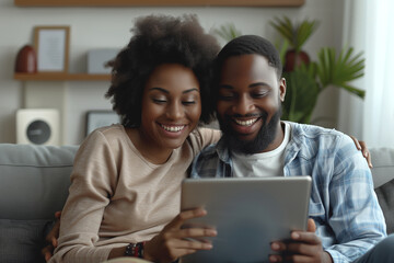 Man and Woman Sitting on Couch Looking at Tablet