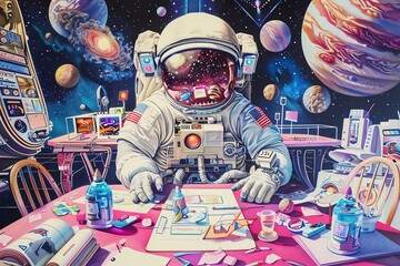 Incorporate watercolor techniques to create a humorous scene of an astronaut tangled in alien bureaucracy Embrace CG 3D rendering to design a futuristic space station hosting a cosmic talent show Comb