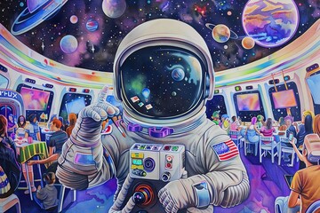 Incorporate watercolor techniques to create a humorous scene of an astronaut tangled in alien bureaucracy Embrace CG 3D rendering to design a futuristic space station hosting a cosmic talent show Comb