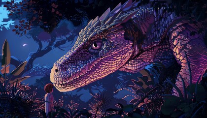 Infuse a biographical story into a digital rendering of a mythical creature in pixel art Experiment with unconventional camera angles to evoke a sense of mystery and wonder - obrazy, fototapety, plakaty