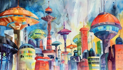 Paint a futuristic cityscape inspired by HG Wells War of the Worlds using a vibrant color palette in watercolor