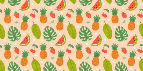 Summer seamless pattern with fruits and berries, monstera and banana leaves. Vector flat background