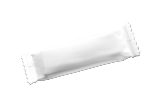 Blank white foil snack mock up, candy bar, chocolate, wafers or protein bar packaging.white paper packaging isolated on white background.3d rendering.