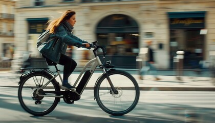 Woman Riding Electric Bike in Paris