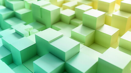 Gently lit mint green and faded yellow cubes in an abstract 3D perspective, ai generated