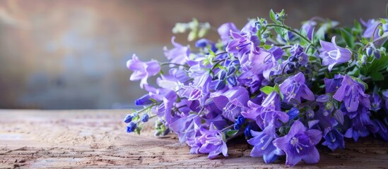 Lovely spring backdrop featuring a bouquet of campanula flowers. - obrazy, fototapety, plakaty