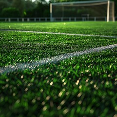 Ultra-realistic images of a soccer field in close-up. Bright green grass, clear white lines, and fine details of the goalposts and net. Perfect for editorial, advertising, and commercial projects