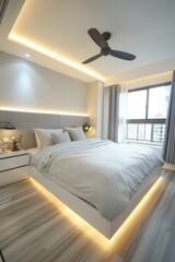 singapore hdb, bedroom, arch furniture, white and grey colors, clean matte finishing, zoom detail angle, bright lighting 
