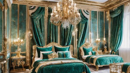 Sumptuous bathrobes in shades of emerald green and gold, hung on ornate brass hooks in a lavish honeymoon suite with opulent furnishings and crystal chandeliers.