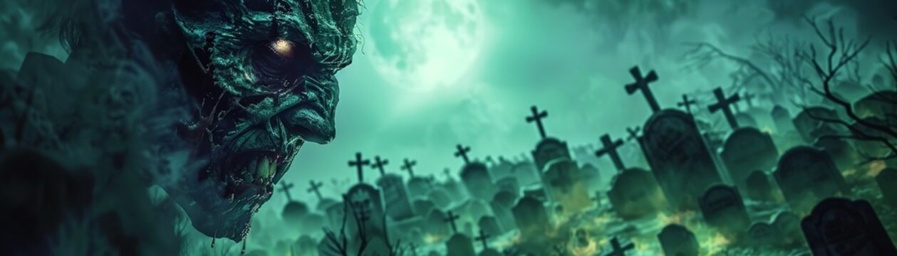 A chilling visage of undead horror and primal rage, set against a backdrop of moonlit graves in shades of ghastly green and eerie violet , professional color grading