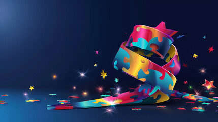 World Autism Awareness Day. Colorful puzzle ribbon on dark blue background, top view. Copy Space for text