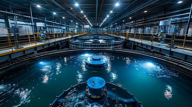 Modern Water Treatment Facility in Action - Clean Symmetry. Concept Water Treatment, Facility Operations, Clean Technology, Modern Innovation, Symmetrical Design