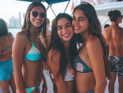 Three Women in Bikinis Posing for a Picture