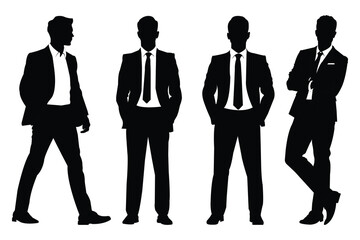 Businessman in a suit walking with a hand in his pocket, Businessman in different poses side profile vector silhouette set isolated on a white background. Businessmen Silhouettes.