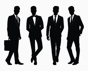 Businessman in a suit walking with a hand in his pocket, Businessman in different poses side profile vector silhouette set isolated on a white background. Businessmen Silhouettes.