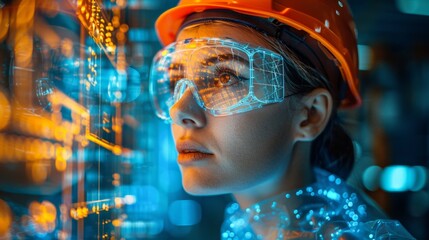 A woman, helmeted and equipped with high-tech goggles, commands attention amidst a luminous blue backdrop, her gaze fixed on a holographic display of advanced technology.
