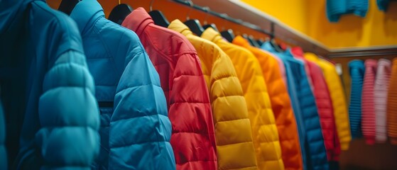 Array of Vivid Jackets on Boutique Display. Concept Fashion Trends, Vibrant Colors, Boutique Display, Jacket Collection - obrazy, fototapety, plakaty