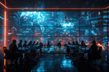 futuristic corporate meeting room with digital interface screens and professionals discussing strategy