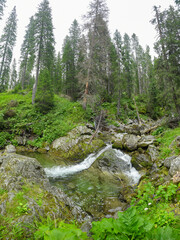 A waterfall in Lotru Gorges. The mountain river formes a narrow canyon as it flows through boulders and cliffs, near coniferous trees. The stream forms multiple ponds eroded in stone. Romania.