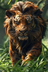 Naklejka premium A fierce yet regal creature, blending the strength of a lion with the agility of a tiger, set against a backdrop of lush green grass , 3DCG