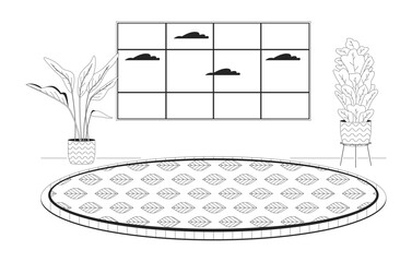 Houseplants livingroom cozy carpet round black and white cartoon flat illustration. Floor rug leaf pattern 2D lineart interior isolated. Potted plants living room monochrome scene vector outline image