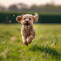 Portrait, puppy and running in grass at park or garden with cockapoo to exercise and explore nature. Fun, dog and cute or to play as hobby or health routine with happiness and enjoy in California