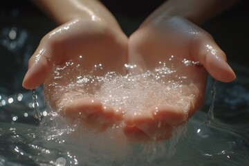 Fototapeta premium Hand holding a water hand wet clean person splashing health summer