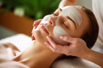 Obraz na płótnie Canvas Skincare treatment. Hands applying anti aging facial cream on woman face in spa salon.
