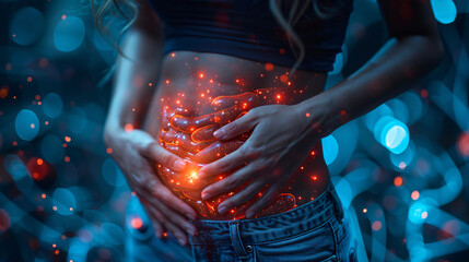 Close up of woman holding abdomen, pain in tummy - obrazy, fototapety, plakaty