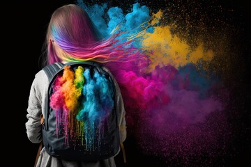 Young Girl with Backpack Covered in Color Explosion and Colorful Painted Hair - Colorful Learning