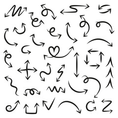 A set of arrows of different shapes and directions. Thin line arrows.