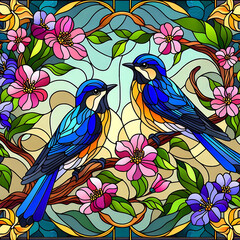 A pair of spring birds on a flowering branch in stained glass style