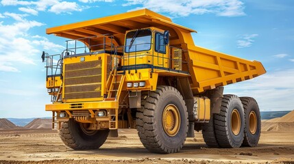 Obraz premium Large yellow mining truck operating in open pit coal mine quarry for extractive industry
