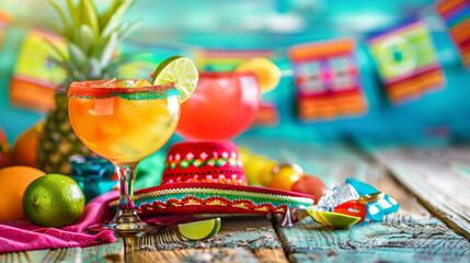 A glass of maracas margarita and a sombrero on a table. The table is decorated with a colorful banner and a few fruits. Cinco de Mayo, Mexican colorful summer fiesta party, Mexican decorations. - obrazy, fototapety, plakaty