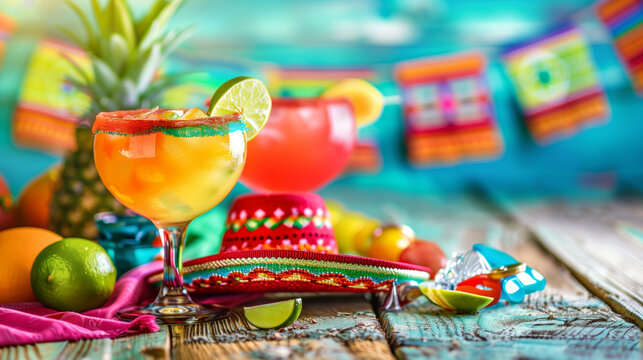 A glass of maracas margarita and a sombrero on a table. The table is decorated with a colorful banner and a few fruits. Cinco de Mayo, Mexican colorful summer fiesta party, Mexican decorations.
