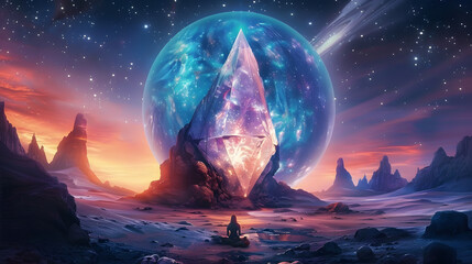 A mesmerizing digital artwork showcasing a meditating figure before an immense, glowing crystal, encapsulated within a surreal, cosmic landscape. - obrazy, fototapety, plakaty