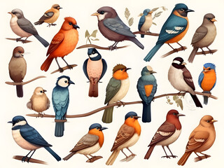 Fototapeta premium Amazing Illustration Art Cartoon Cute birds collection: farm animals, wild birds, marina birds isolated on white background. Illustration design template
