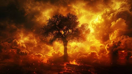 Foto auf Glas Lone tree standing amidst billowing clouds of smoke and fire, encapsulating the struggle and resilience of nature against the backdrop of a raging wildfire © Picza Booth