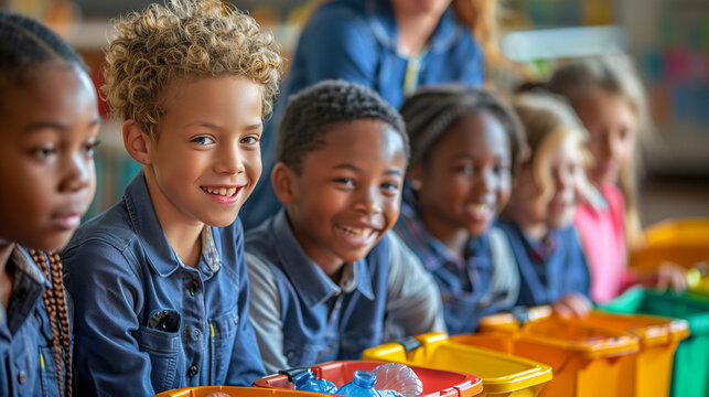 Young and diverse pupils learning how to recycle with their teacher in a elementary school classroom.