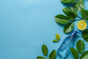 A clear spray bottle with fresh leaves and lemon on a blue background.