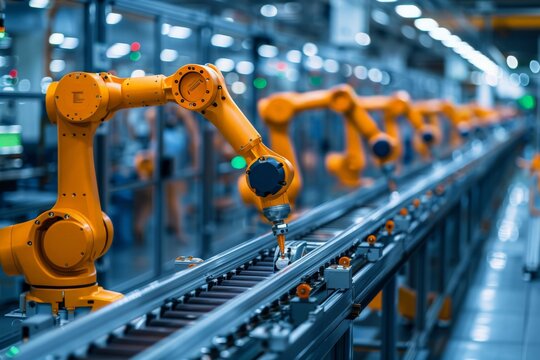Factory floor with robotic arms assembling products with high innovation of  autonation manufacturing production