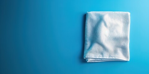 White towel on a blue background with copy space. - obrazy, fototapety, plakaty
