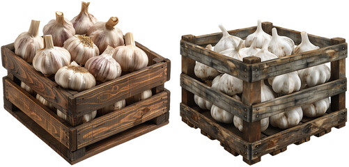 A wooden crate filled with fresh garlic