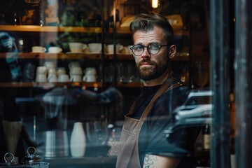 Barista with tattoos stands pensively behind the cafe window.