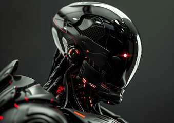 Futuristic Robot Head Close-Up with Red LED Lights on Dark Background