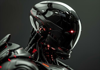 Fototapeta premium Futuristic Robot Head Close-Up with Red LED Lights on Dark Background